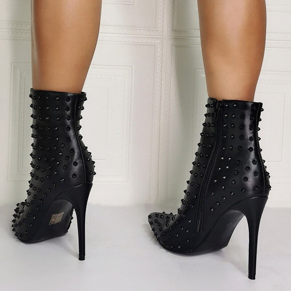 Ankle Boots Pointed Toe Rivet Thin Heels Boots 11+ - Divine Diva Beauty