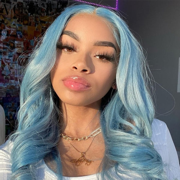 30 Inch Blue Colored Human Hair Lace Front Wigs HD Transparent Lace Body Loose Wave Virgin Human Hair Wigs - Divine Diva Beauty