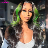Green Highlight Wig Human Hair Brazilian Virgin Body Wave Lace Front Wig Ombre Colored Human Hair Wigs HD Lace Frontal Wig - Divine Diva Beauty