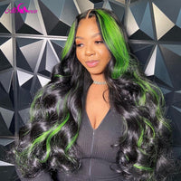 Green Highlight Wig Human Hair Brazilian Virgin Body Wave Lace Front Wig Ombre Colored Human Hair Wigs HD Lace Frontal Wig - Divine Diva Beauty