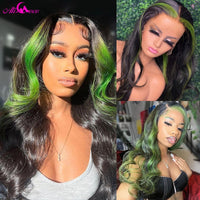 Green Highlight Wig Human Hair Brazilian Virgin Body Wave Lace Front Wig Ombre Colored Human Hair Wigs HD Lace Frontal Wig - Divine Diva Beauty