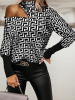 Print Tshirt Fashion Plus Size avail Off Shoulder  Asymmetric Long-sleeved Plaid Printed Tshirt - Divine Diva Beauty