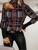 Print Tshirt Fashion Plus Size avail Off Shoulder  Asymmetric Long-sleeved Plaid Printed Tshirt - Divine Diva Beauty