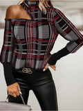 Print Tshirt Fashion Plus Size avail Off Shoulder  Asymmetric Long-sleeved Plaid Printed Tshirt - Divine Diva Beauty