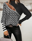 Print Tshirt Fashion Plus Size avail Off Shoulder  Asymmetric Long-sleeved Plaid Printed Tshirt - Divine Diva Beauty