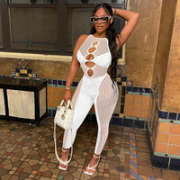 Sheer Mesh Patchwork Jumpsuit Cut Out Rhinestone Leggings Club Outfits Skinny Rompers Overalls One Piece - Divine Diva Beauty