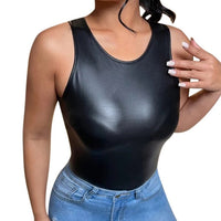 Top Black Patent Leather Sleeveless tank Mock Neck Zipper Back Cropped T-shirt - Divine Diva Beauty