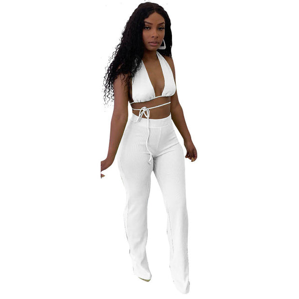 backless  crop top shirt and straight trouser pants 2 piece - Divine Diva Beauty