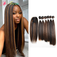 X-TRESS Highlight Brown Synthetic Hair Bundles With Lace Closure Yaki Straight Balayage Hair Extension 6 Bundles With Closure - Divine Diva Beauty