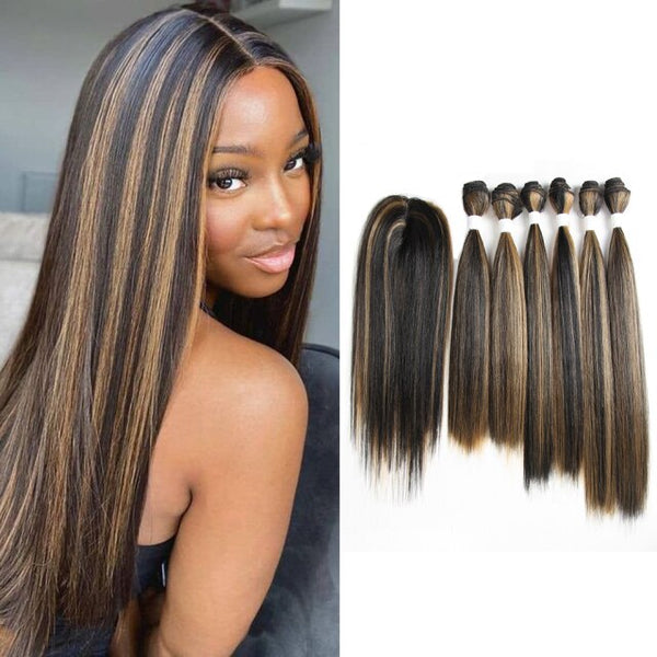 X-TRESS Highlight Brown Synthetic Hair Bundles With Lace Closure Yaki Straight Balayage Hair Extension 6 Bundles With Closure - Divine Diva Beauty