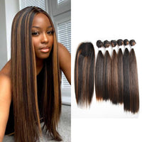 X-TRESS Highlight Brown Synthetic Hair Bundles With Lace Closure Yaki Straight Balayage Hair Extension 6 Bundles With Closure - Divine Diva Beauty