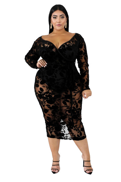 Plus Size avail V Neck Full Sleeve Mesh See Through Print Mid Calf Dresses - Divine Diva Beauty