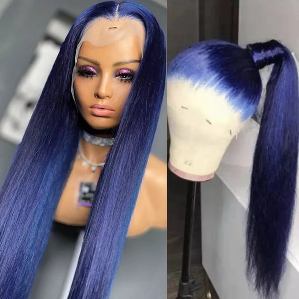 Long Straight 26inch Lace Front Wig Blue Lace Wigs Synthetic High Temperature - Divine Diva Beauty