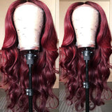 34 Inch 99J Burgundy highlight Body Wave Lace Front Wig 180 Density Red Colored Human Hair Lace Frontal Wigs Pre plucked Lace Part Wig - Divine Diva Beauty