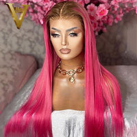 Pink Highlight Ombre Colored Straight Lace Front Wig Human Hair Wig Brazilian Remy Transparent HD Lace Wigs Pre Plucked 30inch - Divine Diva Beauty