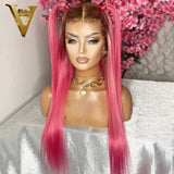 Pink Highlight Ombre Colored Straight Lace Front Wig Human Hair Wig Brazilian Remy Transparent HD Lace Wigs Pre Plucked 30inch - Divine Diva Beauty