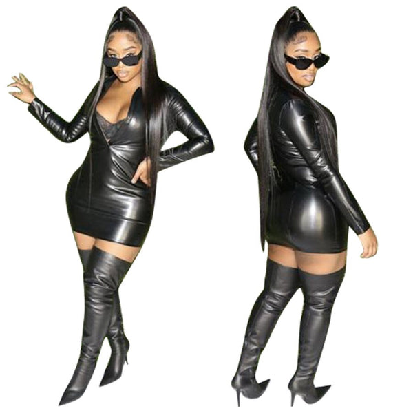 Solid Black V Neck Pu Leather Bodycon Dresses - Divine Diva Beauty