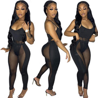 Black Sexy Two 2-piece Set Skinny Bodysuits Top and Legging Pants Outfit Sheer Mesh - Divine Diva Beauty