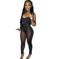 Black Sexy Two 2-piece Set Skinny Bodysuits Top and Legging Pants Outfit Sheer Mesh - Divine Diva Beauty