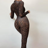 Bodysuit Leopard Printing Zipper Ladies Jumpsuits Rompers - Divine Diva Beauty