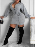 V-neck Grey Mini Dress Full Sleeve Slim Skirt Plus Size avail - Divine Diva Beauty