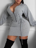 V-neck Grey Mini Dress Full Sleeve Slim Skirt Plus Size avail - Divine Diva Beauty
