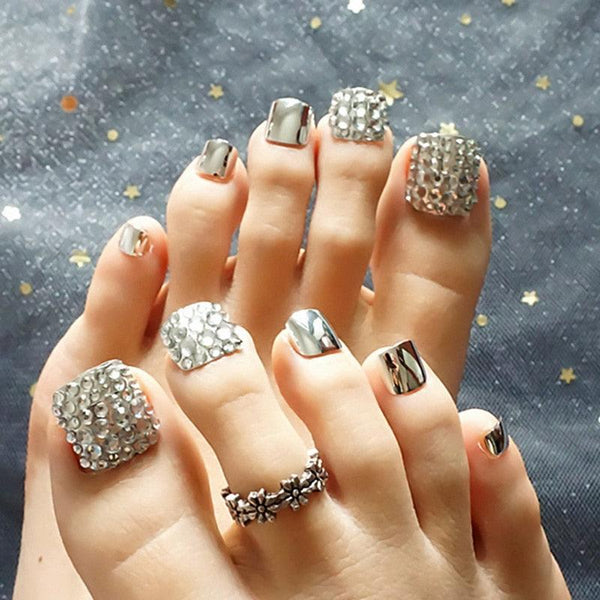 24Pcs Silver Full Biamond Glitter False Toenails Full Cover Press On Toenails Fake Toenails Artificial Feet Nails With Glue - Divine Diva Beauty