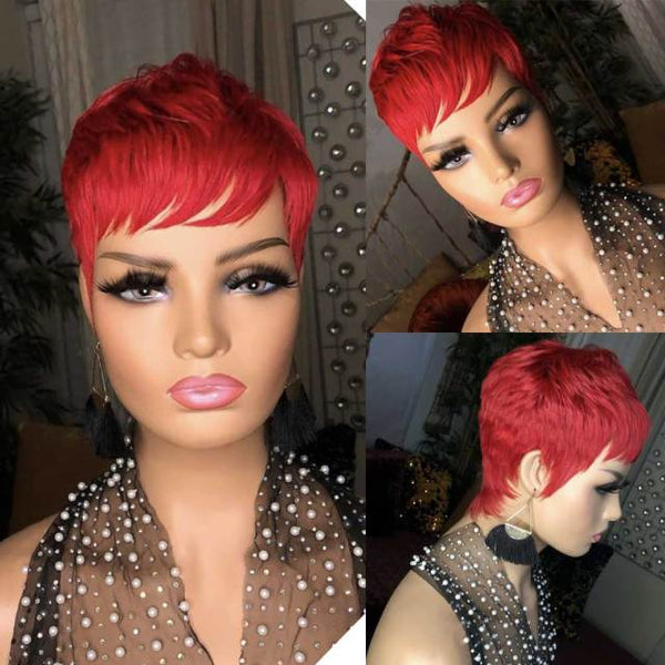 Red Color Human Hair pixie Short Cut Bob Wigs with Bangs Brazilian Straight Natural Color with Bangs - Divine Diva Beauty