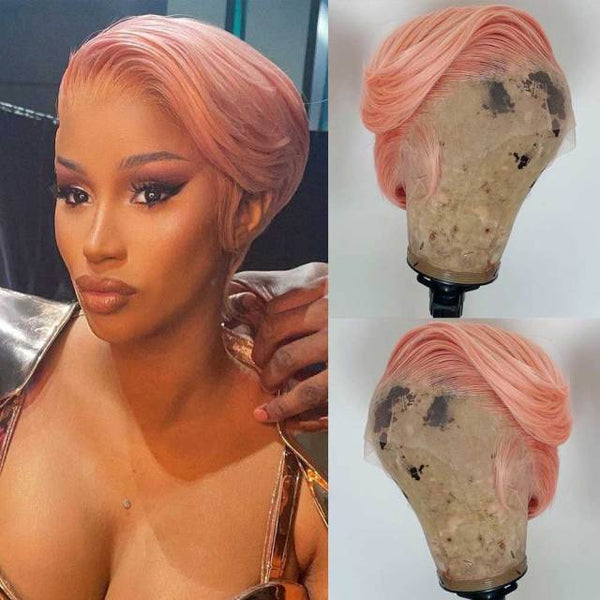 Short Pixie Cut Lace Front Human Hair Wigs Side Part Preplucked Wig Brazilian Short Bob 150 Density Pink Color - Divine Diva Beauty