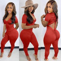 Long Sleeve Ruched Open Back V-neck Jumpsuit bodysuit - Divine Diva Beauty