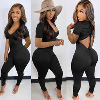 Long Sleeve Ruched Open Back V-neck Jumpsuit bodysuit - Divine Diva Beauty