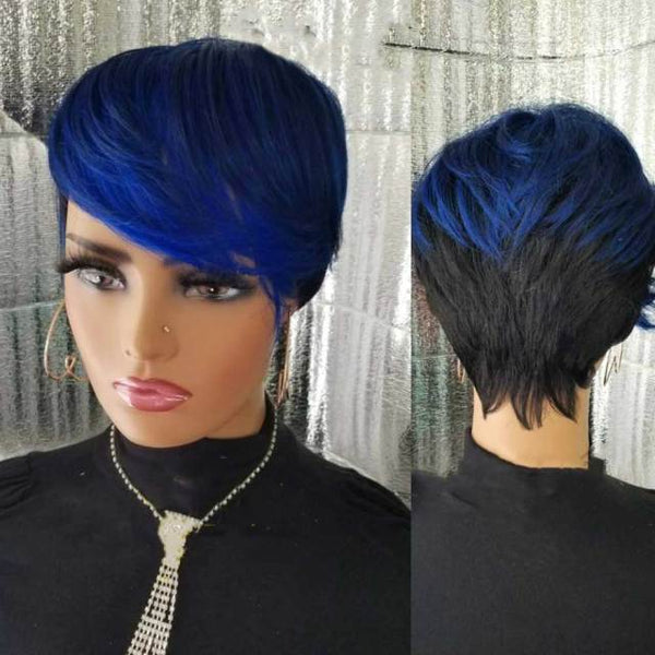 Short Hair Blue Ombre Color Pixie Cut Wig Human Hair Wig With Bangs - Divine Diva Beauty