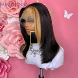 Ombre highlight Straight Wig Transparent Lace Layered Human Hair Wigs Pre Plucked 180% T Part Lace Mongolian Hair Remy - Divine Diva Beauty
