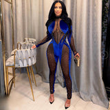 Velvet Jumpsuits Patchwork Diamond O-neck Long Sleeve bodysuit - Divine Diva Beauty