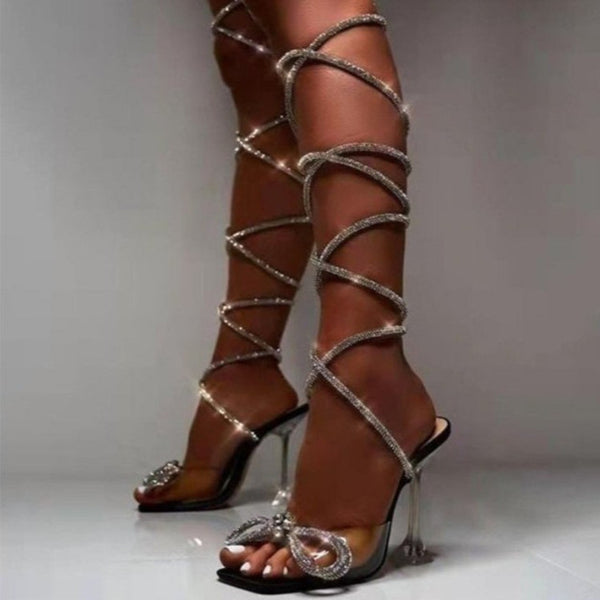 Strappy Thigh High Sandals Sexy  High Heels Women Shoes  Crystal Bow Party Pumps - Divine Diva Beauty