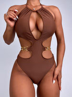 Solid Bikini Swimsuit Two Piece Hollow Halter Backless Bandage High W Swimwear - Divine Diva Beauty