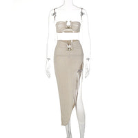 Sheer Mesh Two Piece Set Dresses Crop Top Pleated Maxi Skirt - Divine Diva Beauty