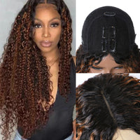 V Part Wig Brown Kinky Curly Human Hair Wigs Leave Out Glueless Clip In V Part Ombre Color - Divine Diva Beauty