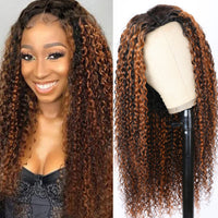 V Part Wig Brown Kinky Curly Human Hair Wigs Leave Out Glueless Clip In V Part Ombre Color - Divine Diva Beauty