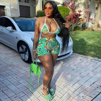 2 Piece Crop Top Shorts Sets Green Tropical Print Beach - Divine Diva Beauty