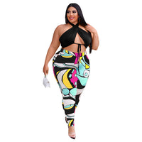 Plus size avail Lace Up Top Print Sweatpants Hollow Two Piece Sets Women Clothing - Divine Diva Beauty