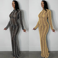 See Through Long Maxi Dress Long Sleeve Sheer Mesh Diamond - Divine Diva Beauty