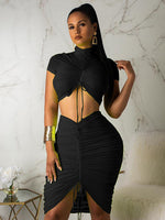 Neon Green Yellow Sexy Two Piece Set Women Turtleneck Short Sleeve Crop Top+ Pleated Bodycon Dress Tracksuit 2 Piece Club Outfit - Divine Diva Beauty