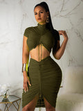 Neon Green Yellow Sexy Two Piece Set Women Turtleneck Short Sleeve Crop Top+ Pleated Bodycon Dress Tracksuit 2 Piece Club Outfit - Divine Diva Beauty