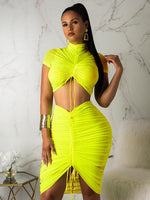 Neon Green Yellow Sexy Two Piece Set Women Turtleneck Short Sleeve Crop Top+ Pleated Bodycon Dress Tracksuit 2 Piece Club Outfit - Divine Diva Beauty