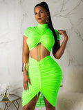 Neon Green Yellow Sexy Two Piece Set Women Turtleneck Short Sleeve Crop Top+ Pleated Bodycon Dress Tracksuit 2 Piece Club Outfit - Divine Diva Beauty