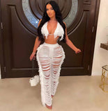 Sexy Halter Knitted Two Piece Bikini Crop Top+Ripped Side Tassel Straight Pants - Divine Diva Beauty