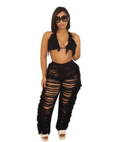 Sexy Halter Knitted Two Piece Bikini Crop Top+Ripped Side Tassel Straight Pants - Divine Diva Beauty