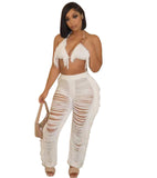 Sexy Halter Knitted Two Piece Bikini Crop Top+Ripped Side Tassel Straight Pants - Divine Diva Beauty