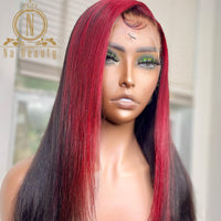 Highlight 99J Burgundy Red Ombre Colored Straight 13x1 Lace Highlight Wigs Human Hair Colored Wigs - Divine Diva Beauty